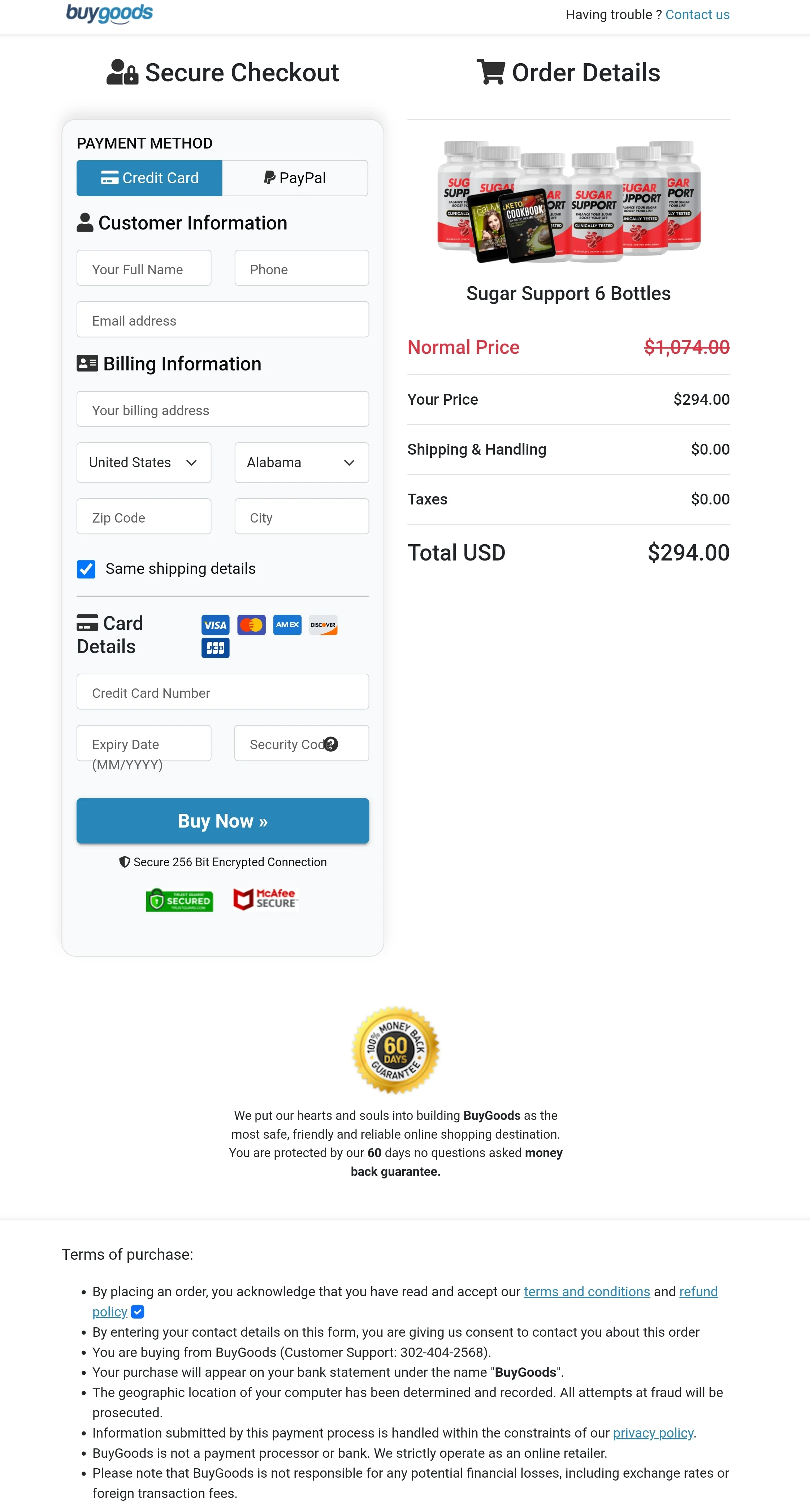 Sugar Support order form